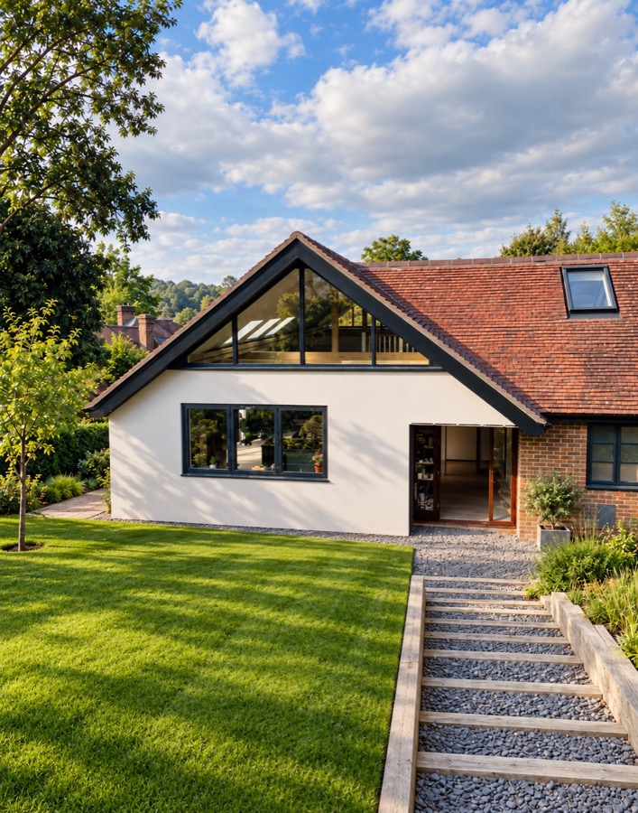 Vaulted gable extension with full-height apex glazing and a clay tiled roof, joined to the original brick house