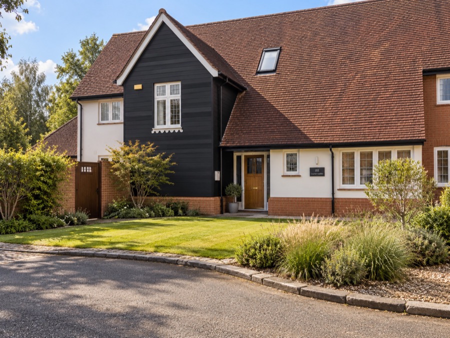 Black weatherboarded elevation with a new dormer rooflight and oak front door