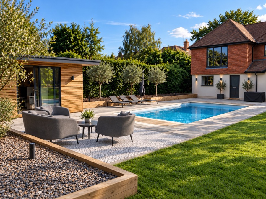 Old Oak Barn: landscaped rear garden with a cedar-clad garden room, patterned terrace and outdoor pool